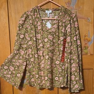Jessica Simpson Olive Green Floral Peasant Blouse with Pink Flowers